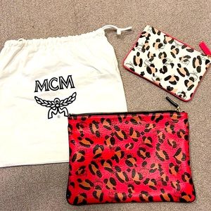 MCM hot pink leopard hand bag come with a mini white leopard bag